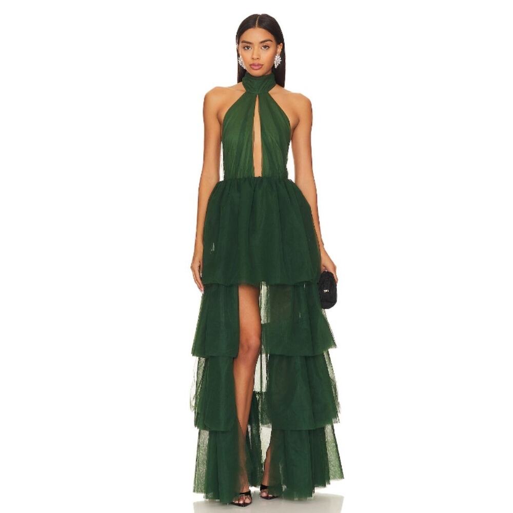 Lovers and Friends Justine Forest Green Tiered Tulle Maxi Dress Size Small
